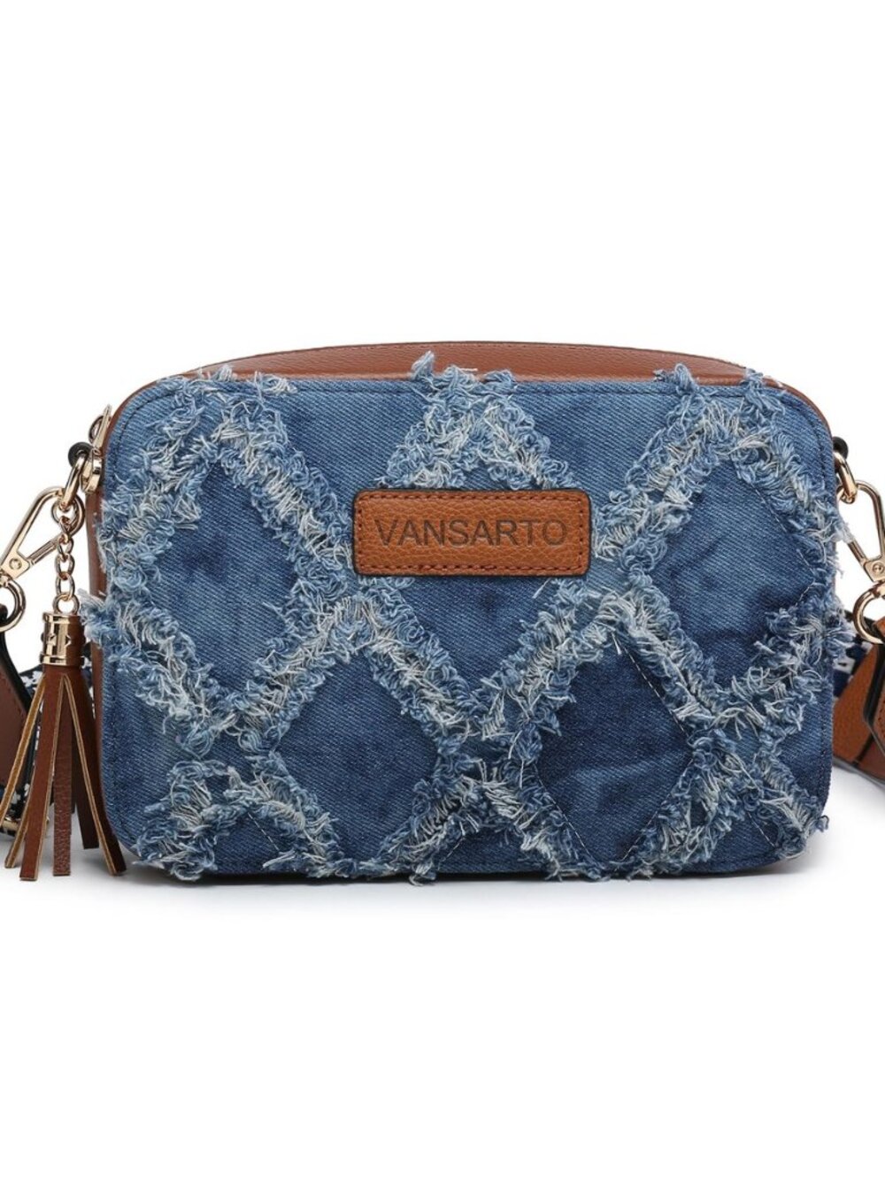Women Tassel Quilted Crossbody Bag Distressed Denim Purse Small Shoulder